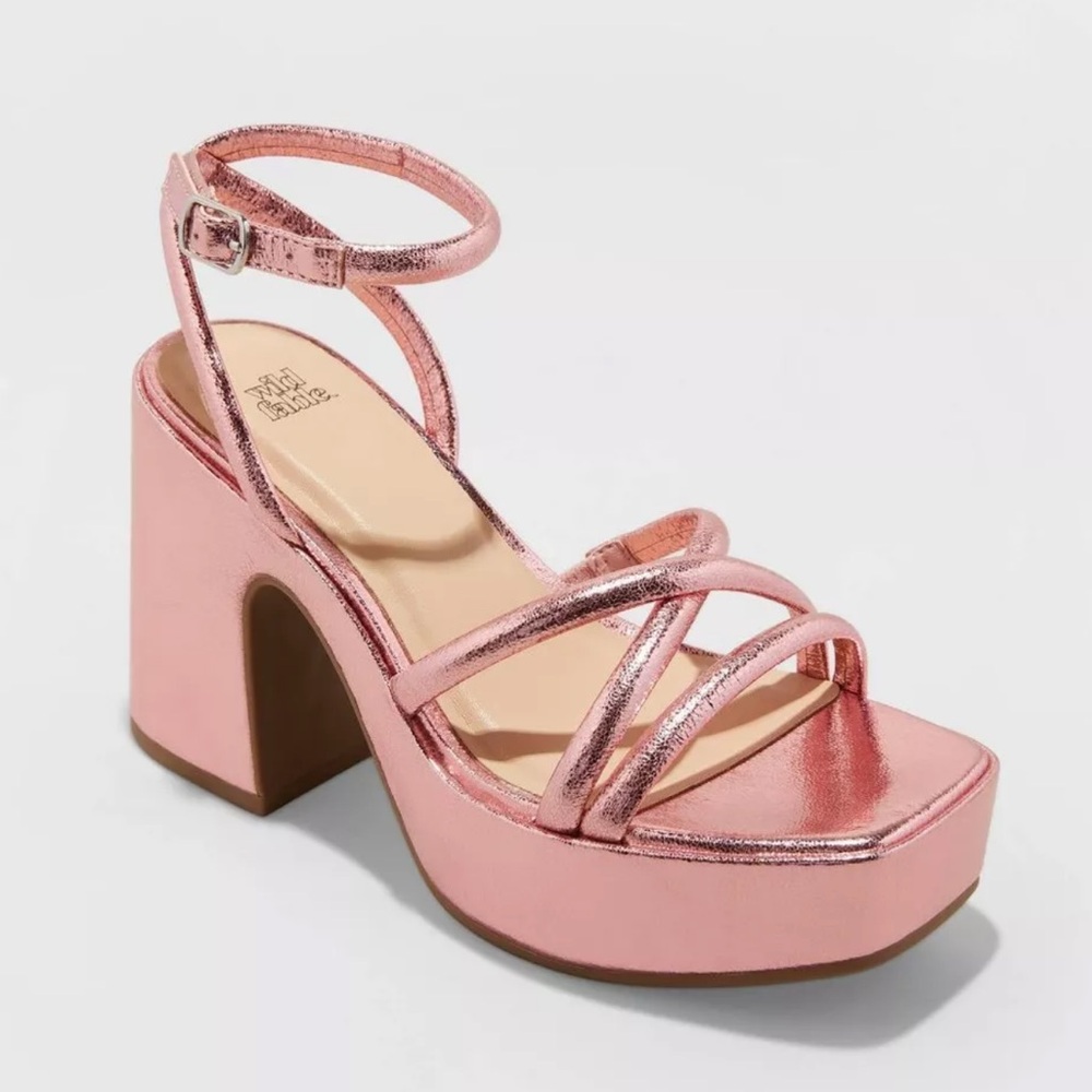 Wild Fable Women's Metallic Pink Chunky Block High Heel Sandals Memory Foam